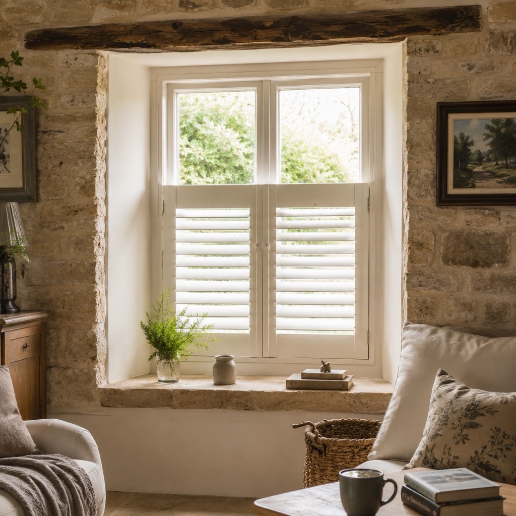White café-style plantation shutters in a Cotswold stone cottage window near Witney and Chipping Norton