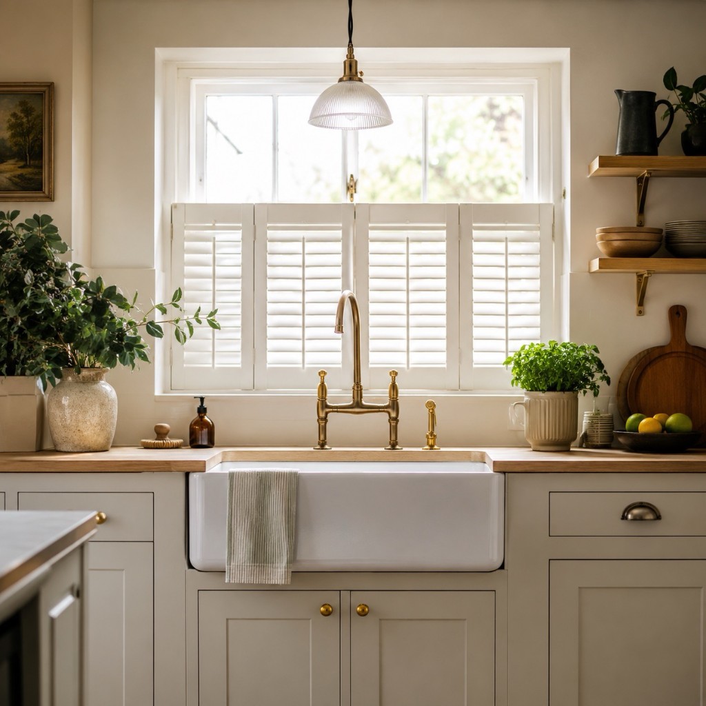 White café-style plantation shutters above a Belfast sink in an Oxfordshire kitchen