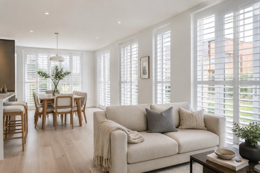 White full-height plantation shutters in a bright open-plan Oxfordshire new-build living room
