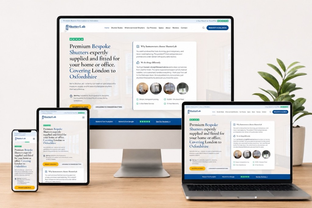 The new ShutterLab website shown on phone, tablet, desktop, and laptop screens