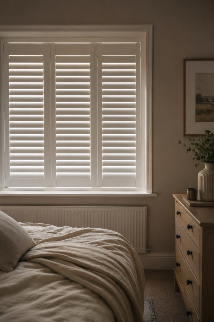 White plantation shutters on a bedroom window in an Oxfordshire home, letting soft daylight into the room