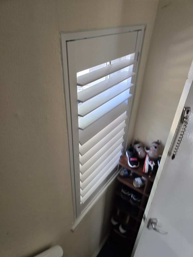 Narrow White full-height polymer shutter panel above a shoe rack in a hallway