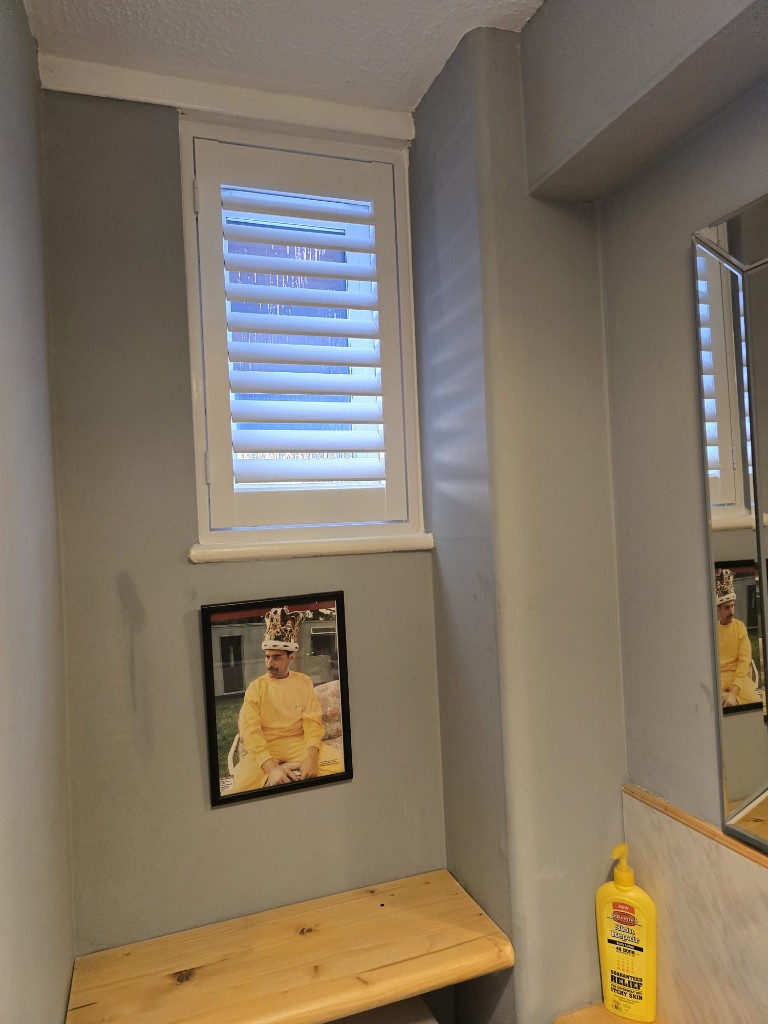 Single-panel Snow White full-height hardwood shutter on a narrow vertical window